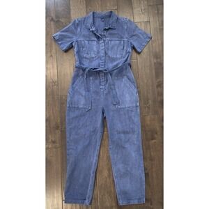 Old Navy Women's Short Sleeve Button Down Jumpsuit Jean Pockets Belted Blue Sz M